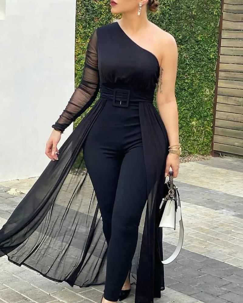 One Shoulder Plain Sheer Mesh Jumpsuit P13744