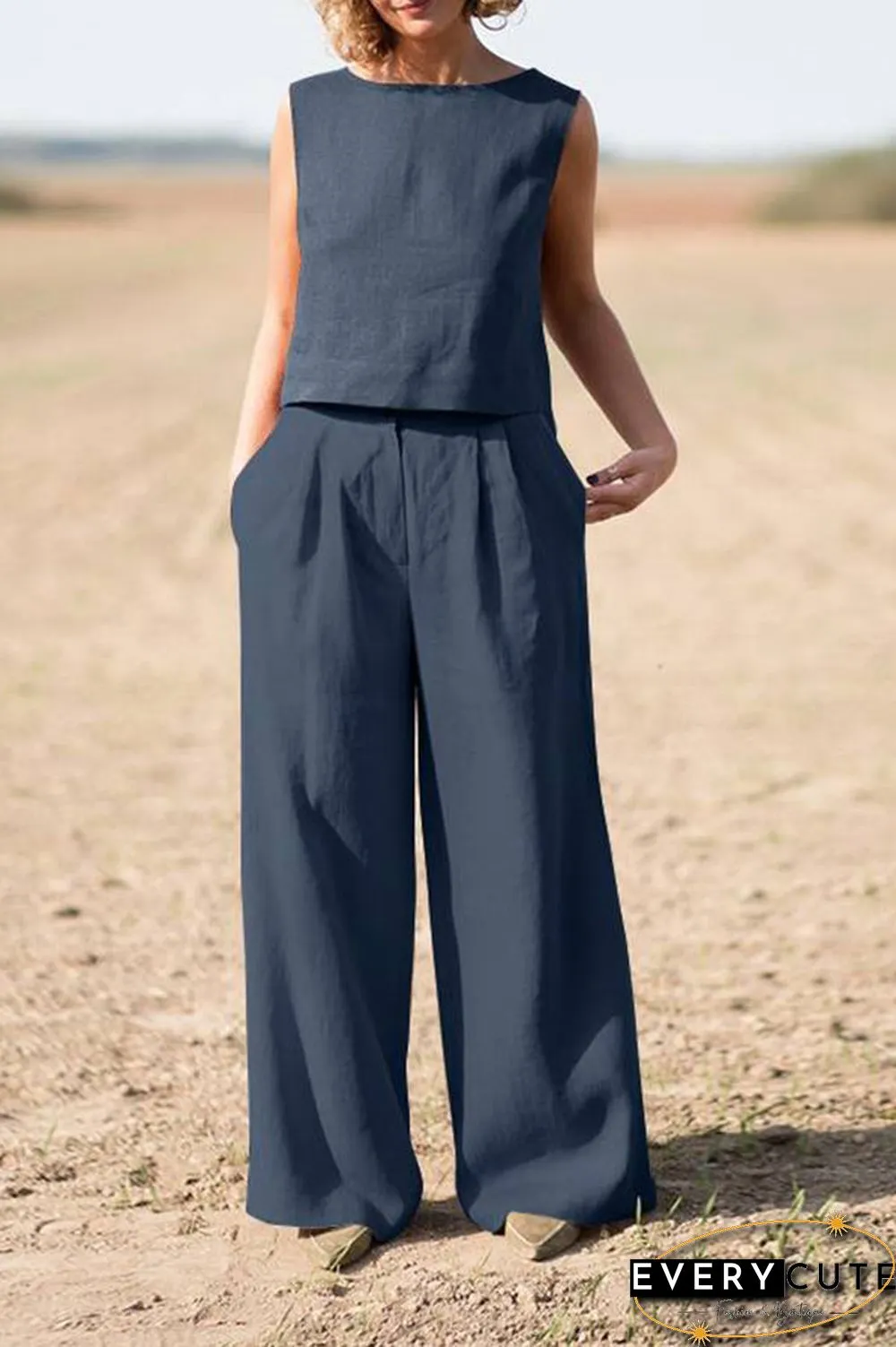 Solid Sleeveless Blouse Pants Set