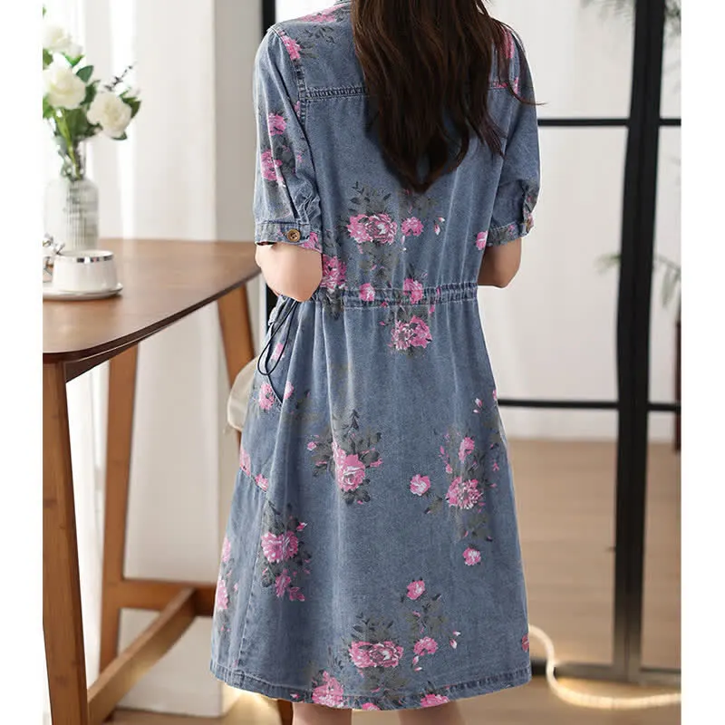 Floral Print Drawstring Lapel Denim Dress