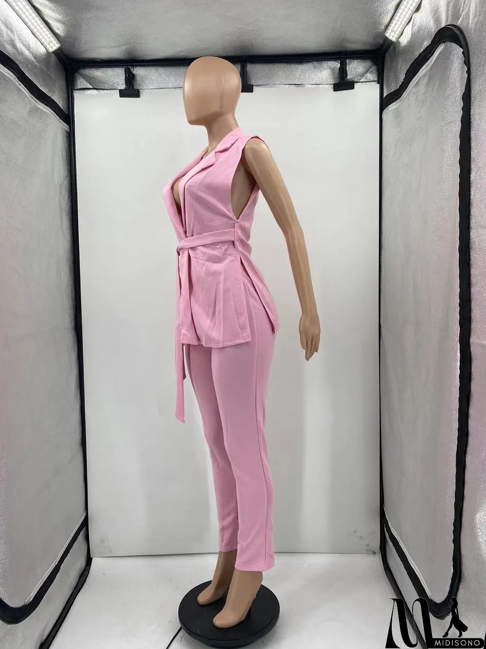 MidiSono - Solid Sleeveless Split Blazer Two Piece Sets