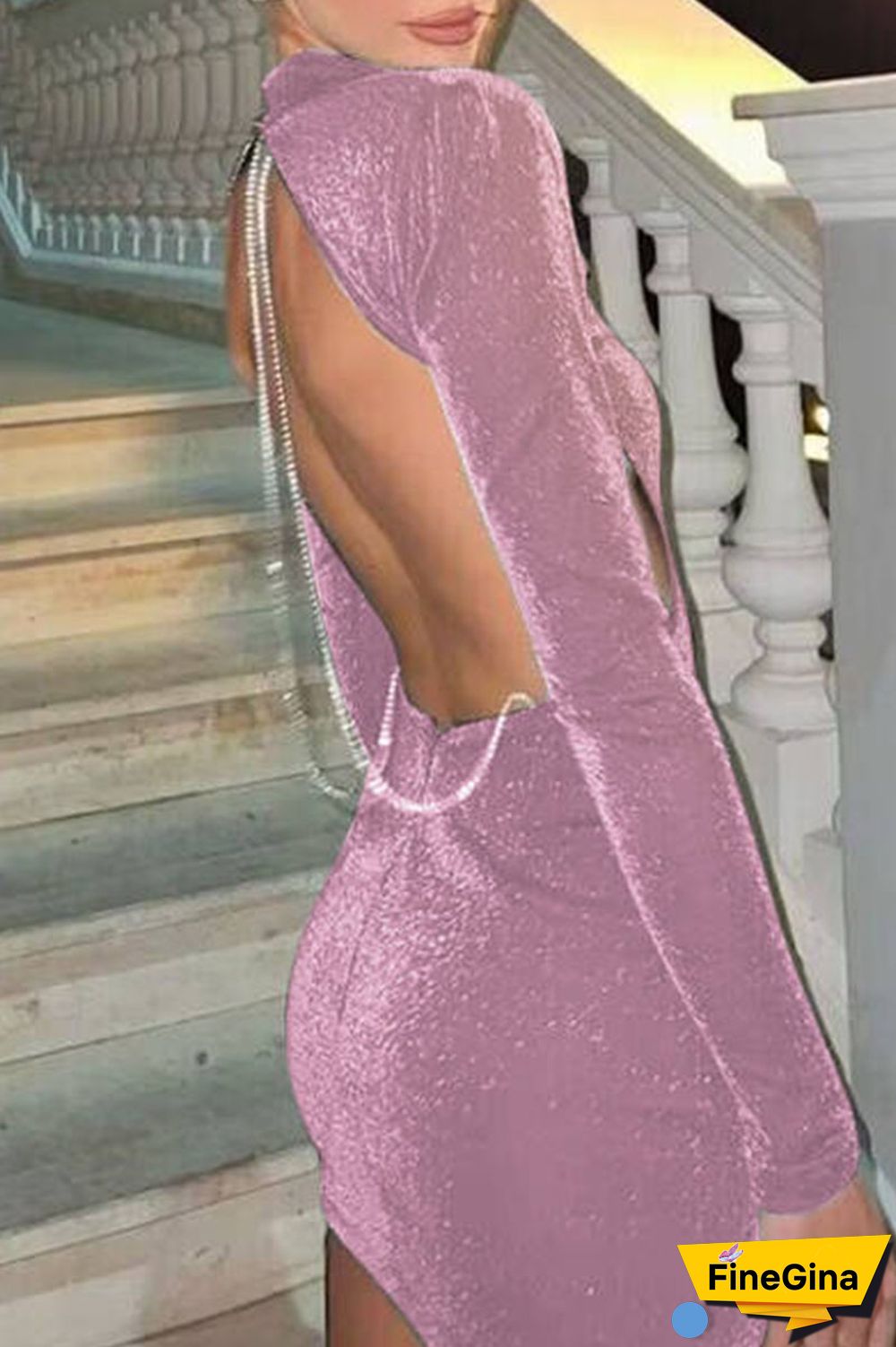 Black Sexy Solid Patchwork Chains Backless O Neck Pencil Skirt Dresses