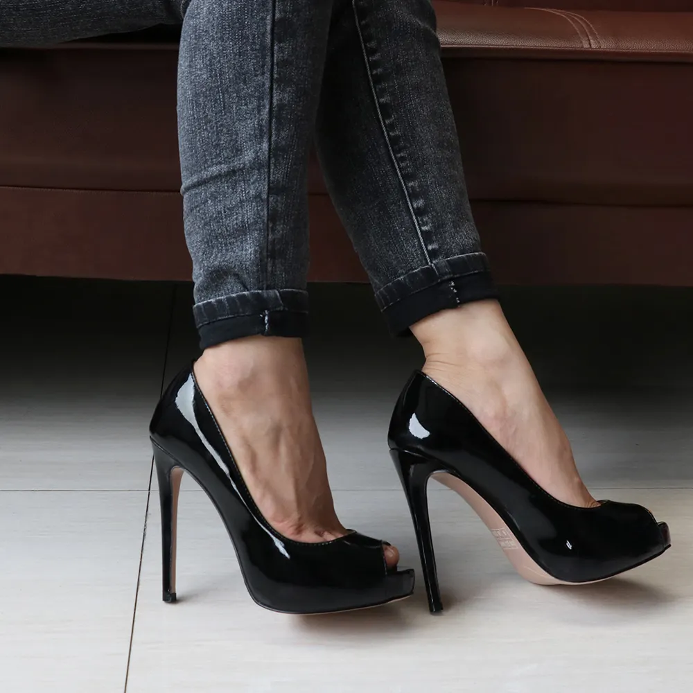 120mm Women's Platforms Heels Party Wedding Black Patent Pumps-vocosishoes