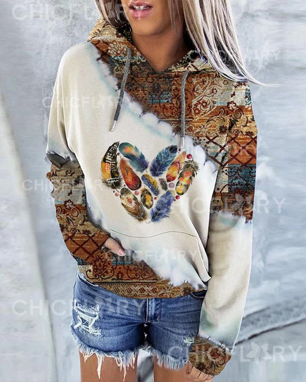 Women's Vintage Check Feather Print Hoodie Long Sleeve Sweatshirt