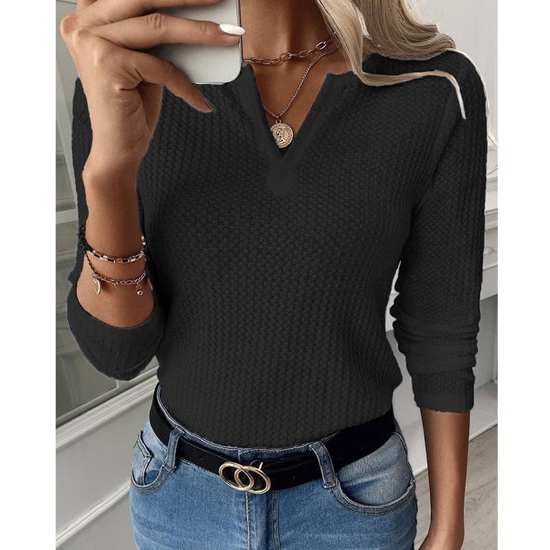 2021 new V-neck long-sleeved waffle mesh long-sleeved shirt top for women