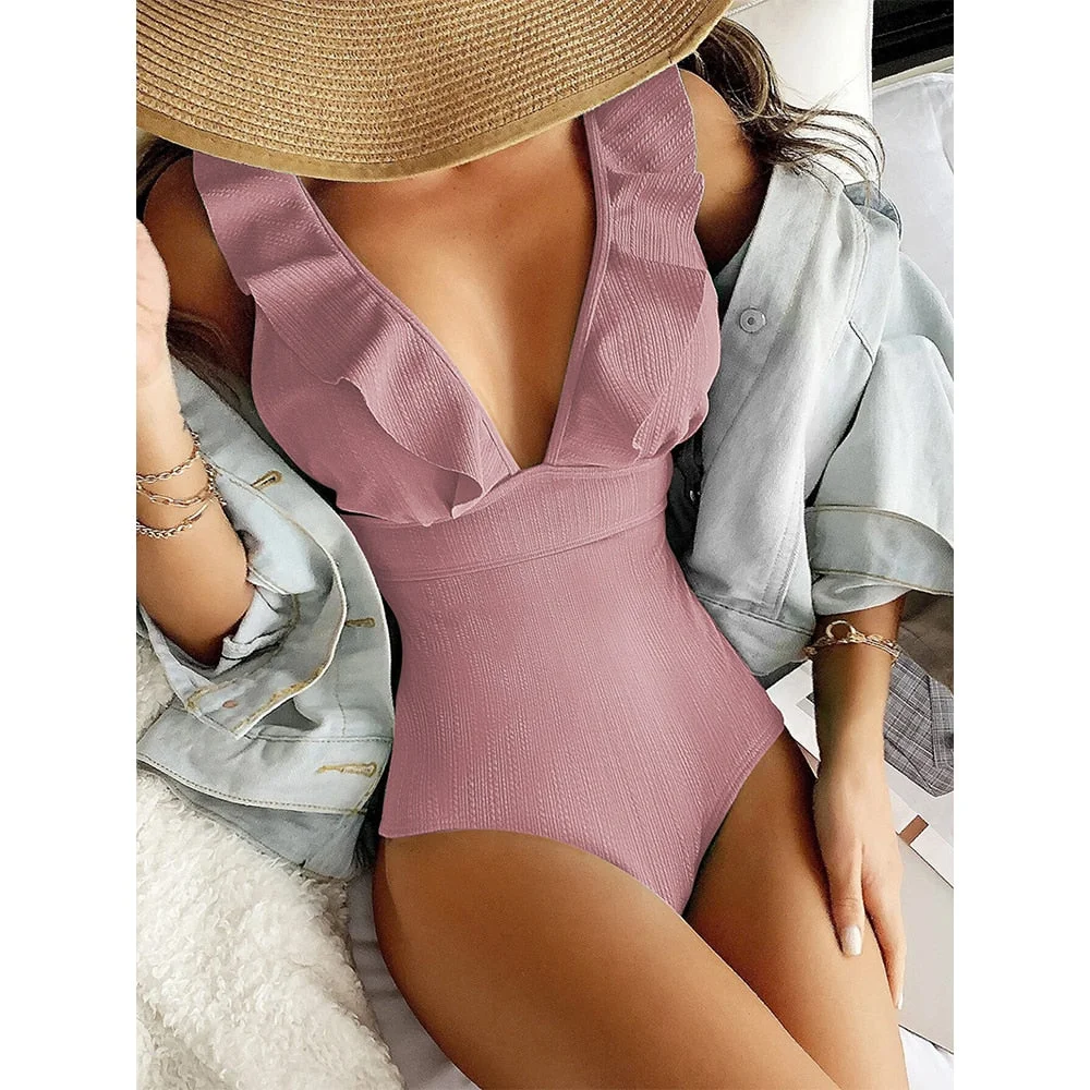 2022 New Sexy Ruffle One Piece Swimsuit Off The Shoulder Print Floral Swimwear Women Solid Deep-V Bathing Suits Summer Beachwear