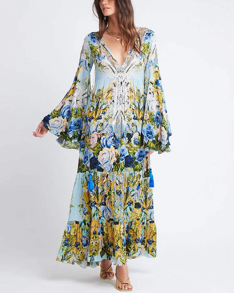 Summer Blues Maxi Dress W bell Sleeves