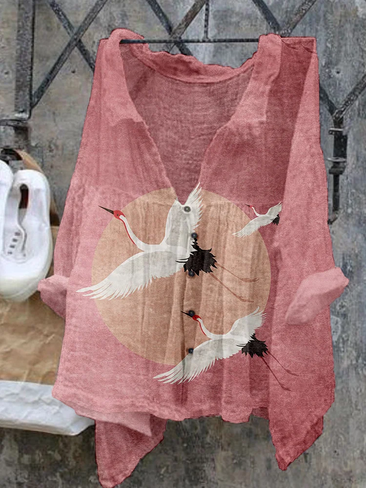 Flying Cranes Japanese Art Pattern Flowy Shirt