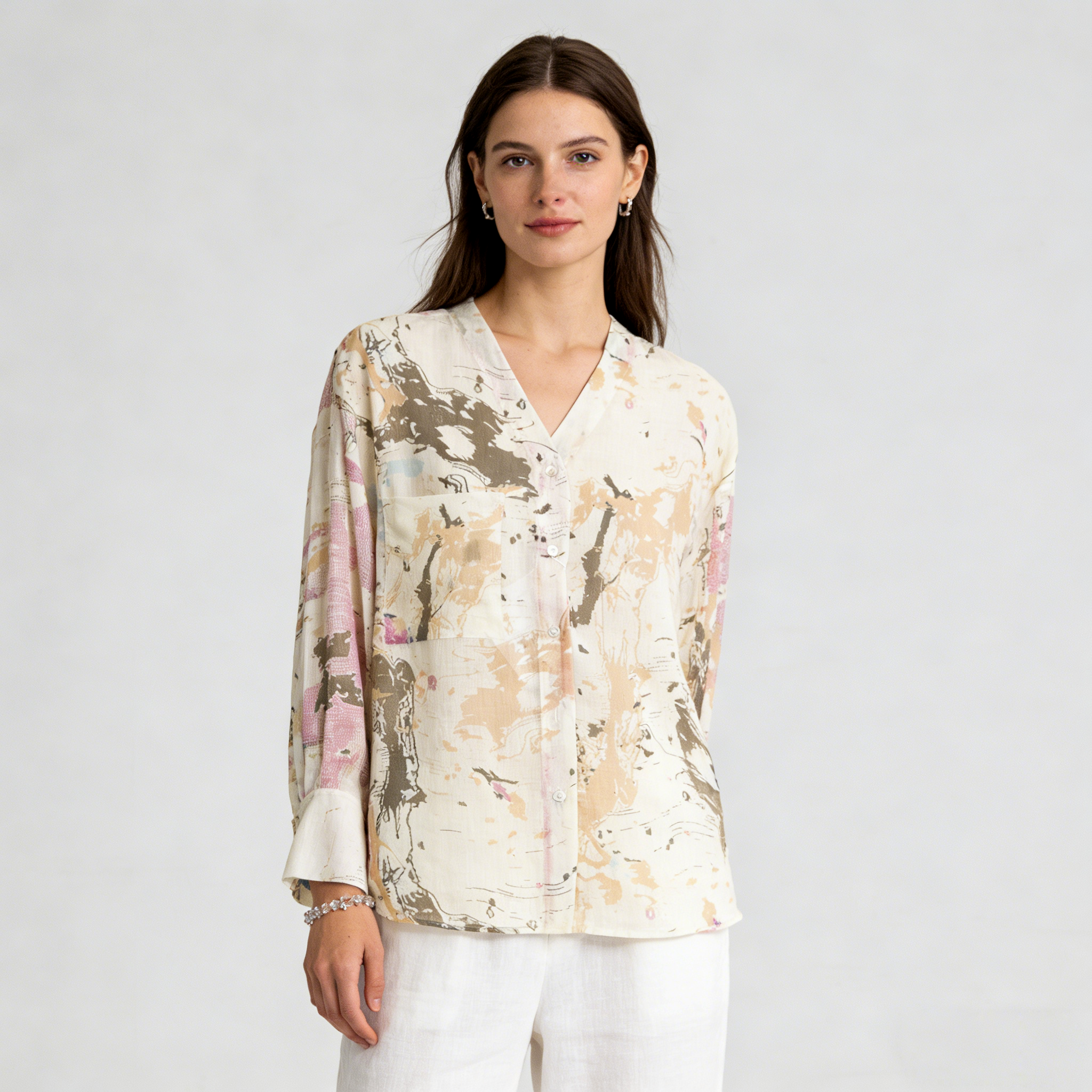 Linen Blouse Women 100% Ramie Abstract Print V Neck Top REAL SILK LIFE