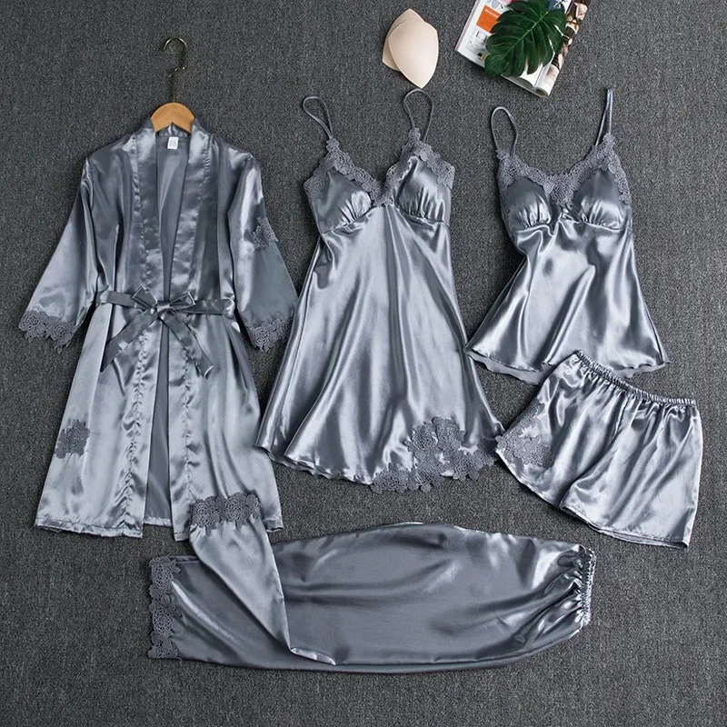 Churchf Pajamas Women Summer Ice Silk Sexy Hot Adult Spring And Autumn Long-Sleeved Thin Lady Night Robe Five-Piece Suit Multi-Colored