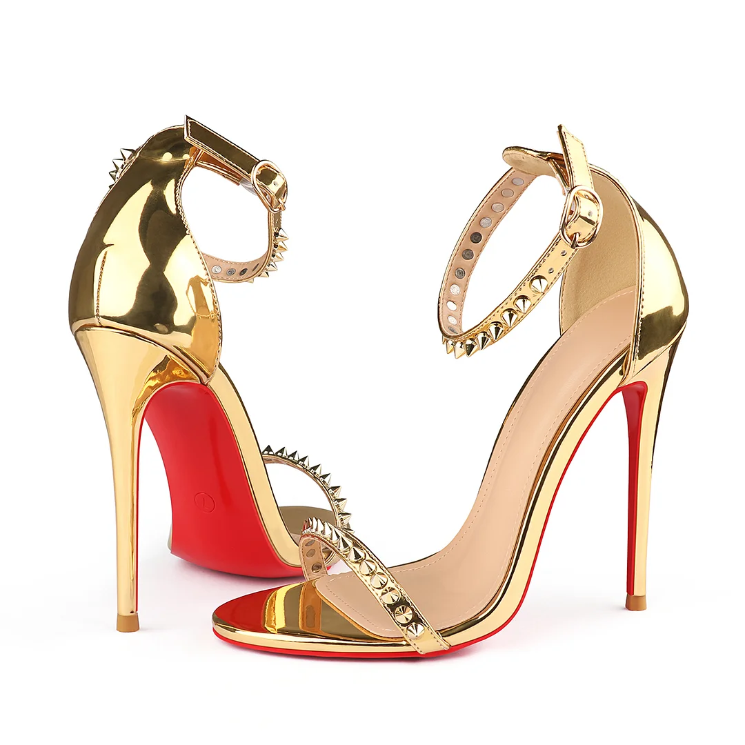 120mm Women's Pointed Toe Open Toe Rivet Ankle Strap Red Bottom Sandals Pumps Shoes-MERUMOTE