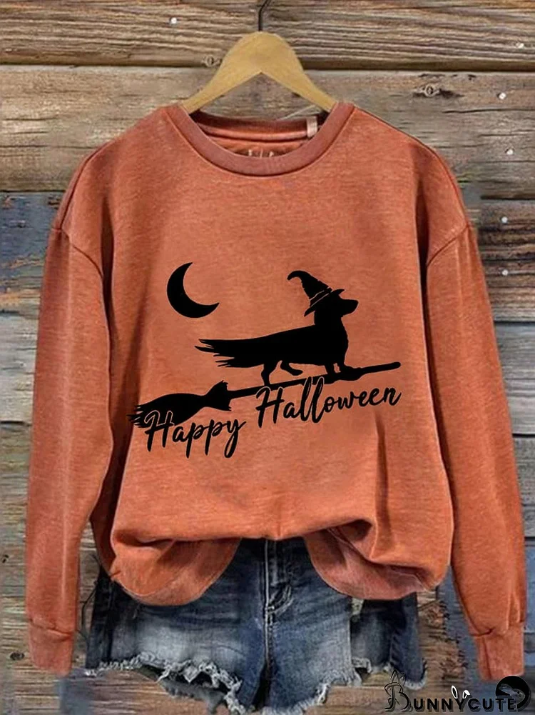 Women's Funny Witch Dog Happy Halloween Casual Sweatshirt