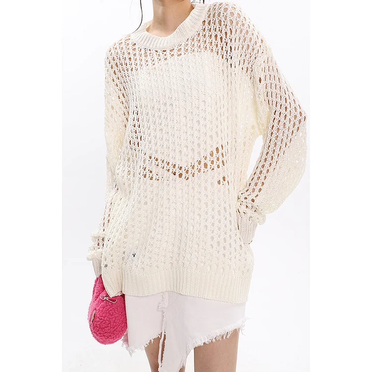 Modern Loose Solid Color O-neck Hollow Out Long Sleeve Knitted Sweater