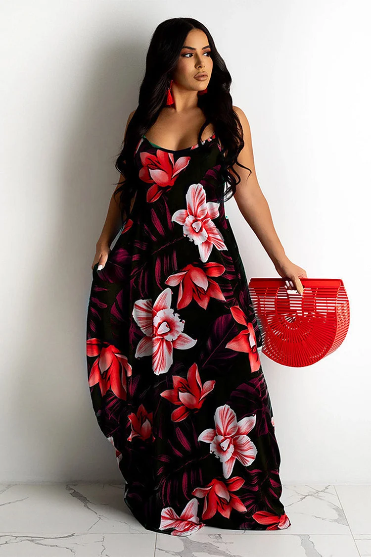Xpluswear Plus Size Casual Cami Sleeveless Peplum Flower Print With Pockets Maxi Dress
