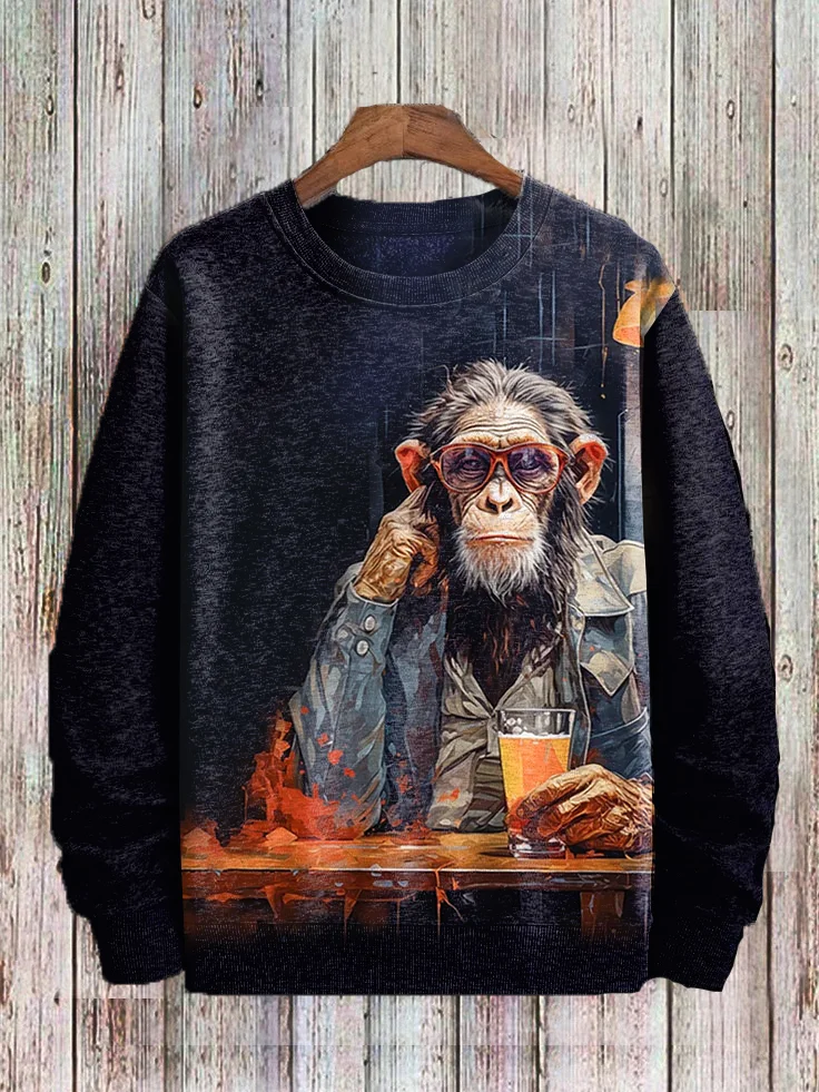 Men's Cool Bar Drinking Monkey Oil Painting Print Sweatshirt