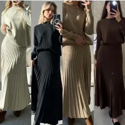 Chic Knit Sweater and Pleated High-Waisted Skirt Suits