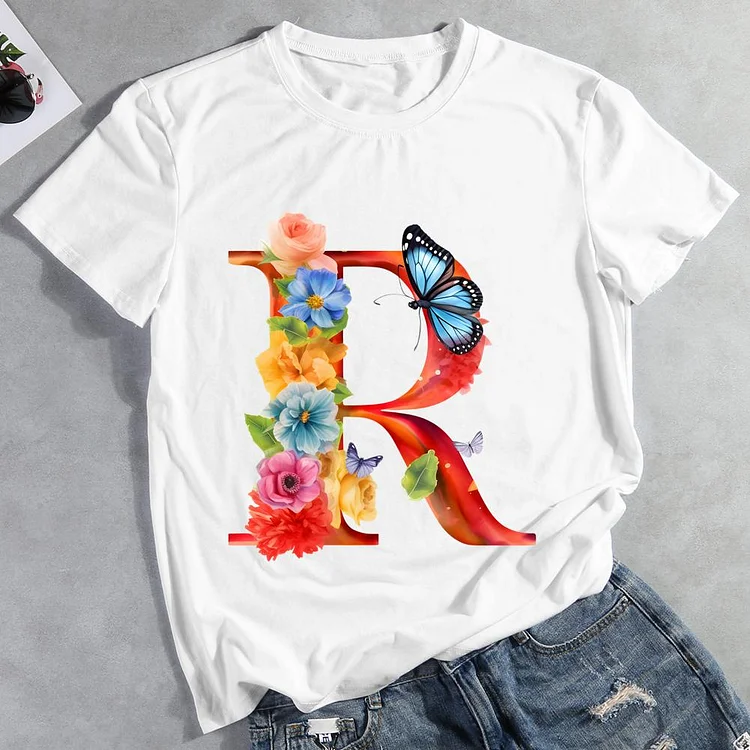 Butterfly Alphabet R Round Neck T-shirt