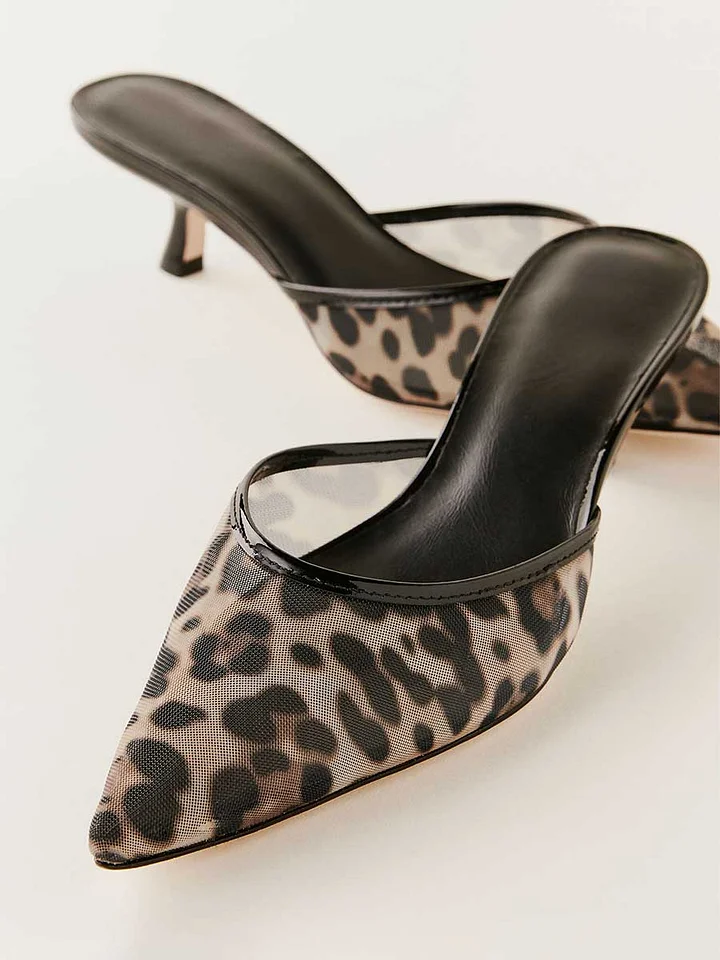 Women's Mesh Leopard Print Pointed Toe Kitten Heel Mules Sandals
