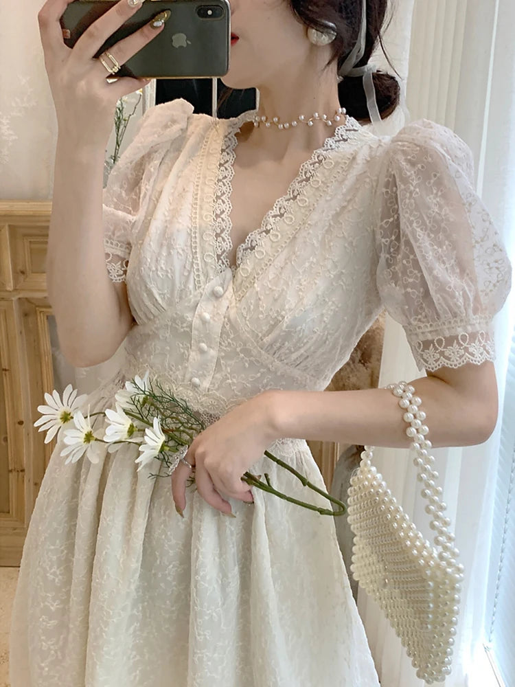 2023 Summer Elegant Lace Fairy Dresses Women Embroidery Mesh Sweet Party Long Dress Female Elegant Korean Lolita Princess Dress LANFUBEISI