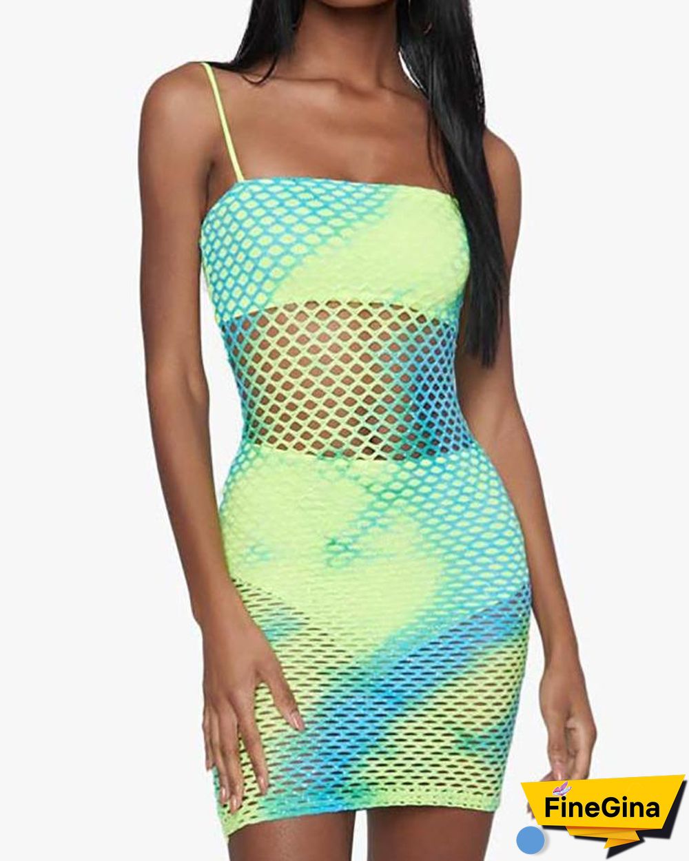 Gradient Color Fishnet Bodycon Dress With Lining