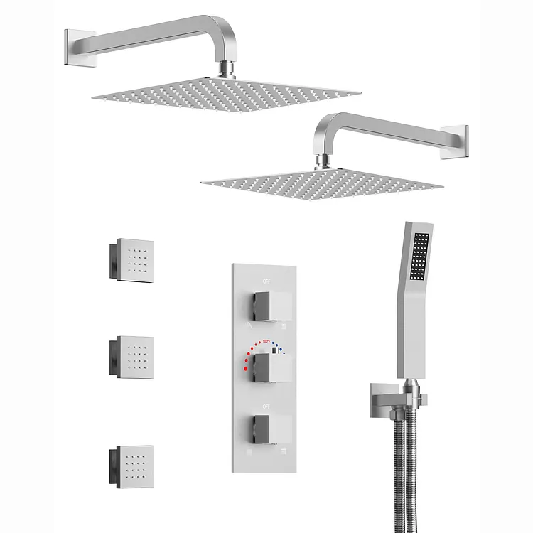 EVERSTEIN 12 in. Dual Rain Shower System with Handheld Shower and Body Jets Brushed Nickel