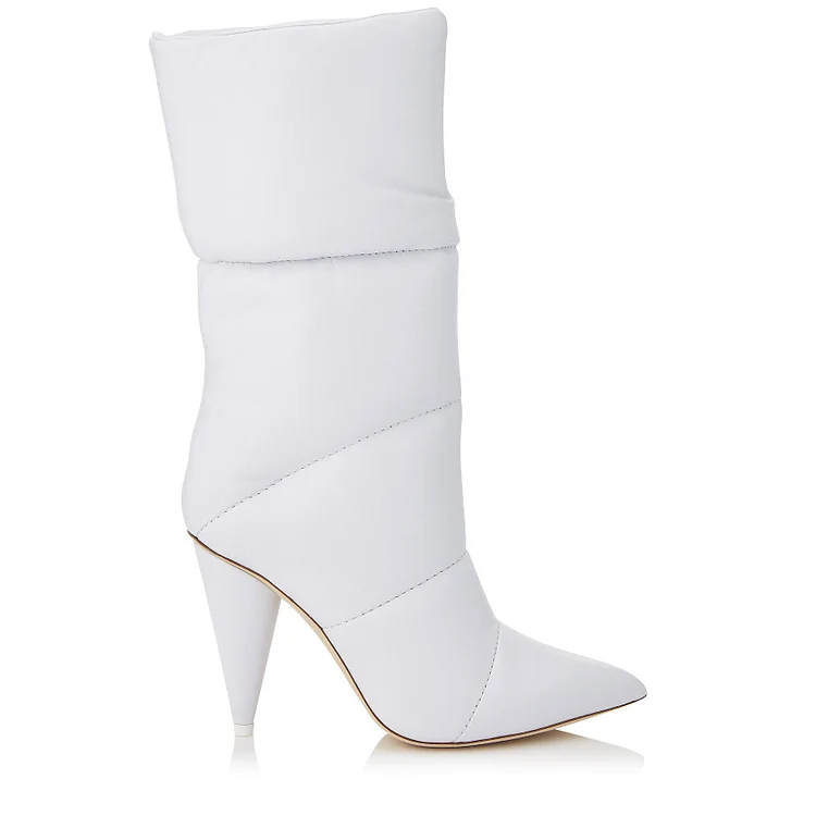 Custom Made White Cone Heel Mid Calf Boots |FSJ Shoes