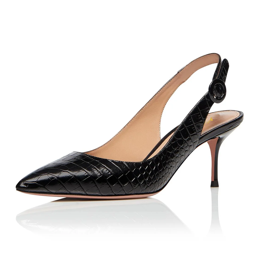 Black Pointed Toe Slingback Pumps Crocodile Patent Leather Stiletto Heels Nicepairs