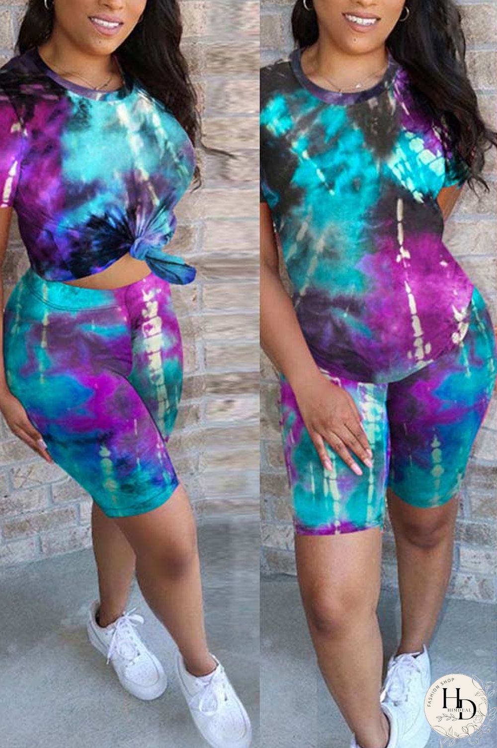 Blue Fashion Casual Active Print Tie Dye Short Sleeve Two Pieces