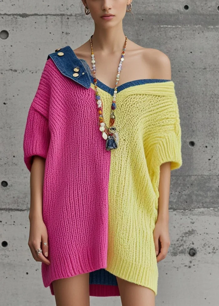 Unique Colorblock Oversized Patchwork Denim Knit Dress Fall