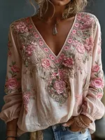 Women's Bohemian Pink Rose Embroidery Art V-neck Long Sleeve Top