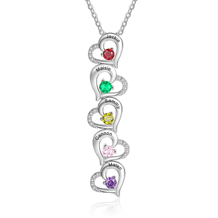 Collar con colgantes de corazón con 5 nombres personalizados y 5 piedras de nacimiento