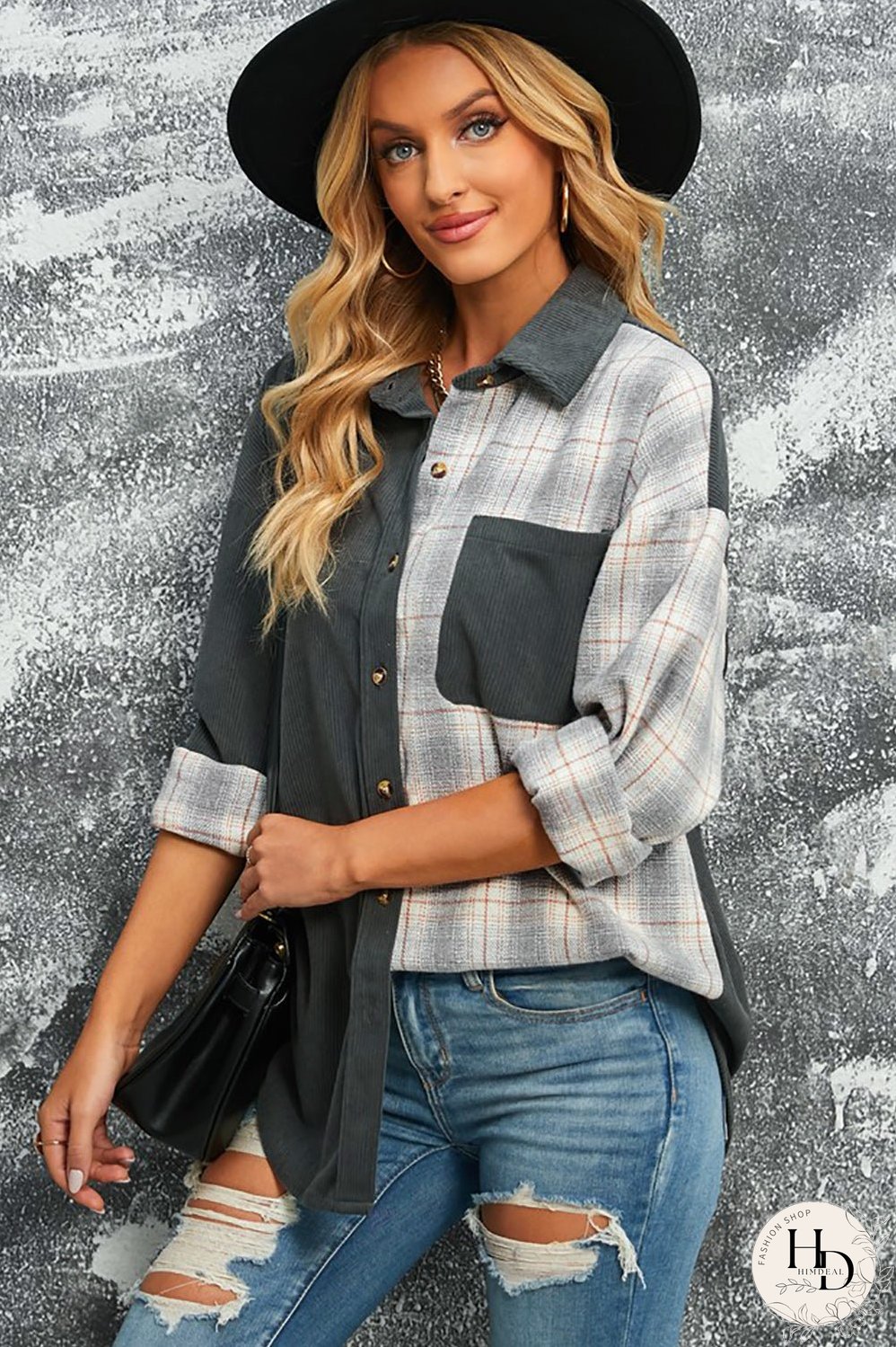 Double Take Plaid Color Block Dropped Shoulder Corduroy Shacket