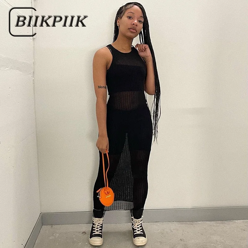 BIIKPIIK See-through Mesh Casual Straight Dresses Women Sleeveless O Neck Vintage Streetwear Fashion Clothing Black Maxi Dress