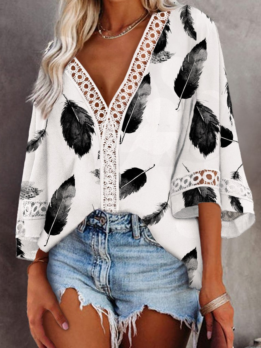 Women Short Sleeve V-neck Casual Geometric Floral Printed Top