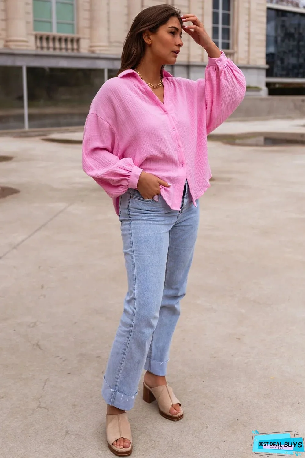 Bonbon Solid Color Puff Sleeve Crinkled Shirt