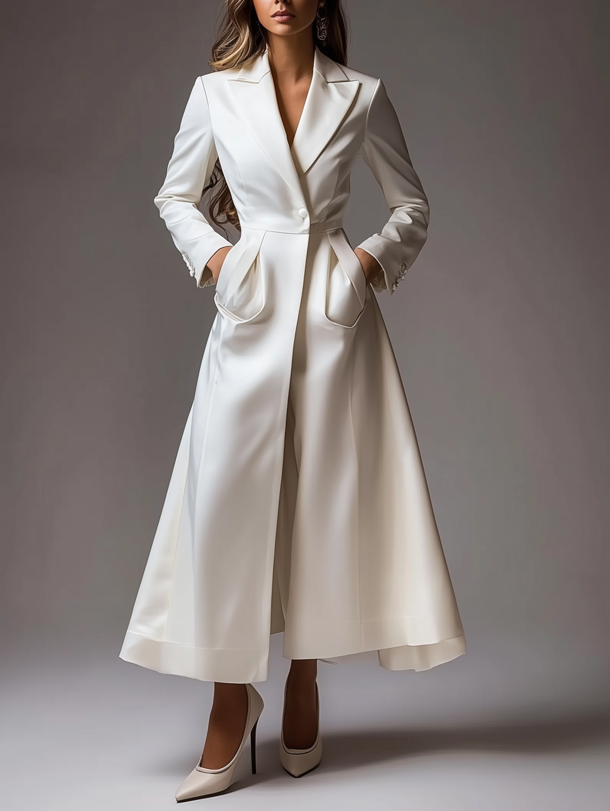 Ursime Peak Lapel One Button Slant Pocket Coat Maxi Dress