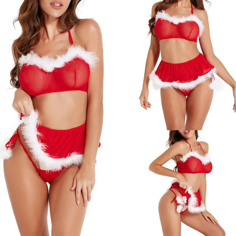 Uveng Sex Lingerie Christmas Suit Christmas Perspective Sexy 3 Sets Seduction Role