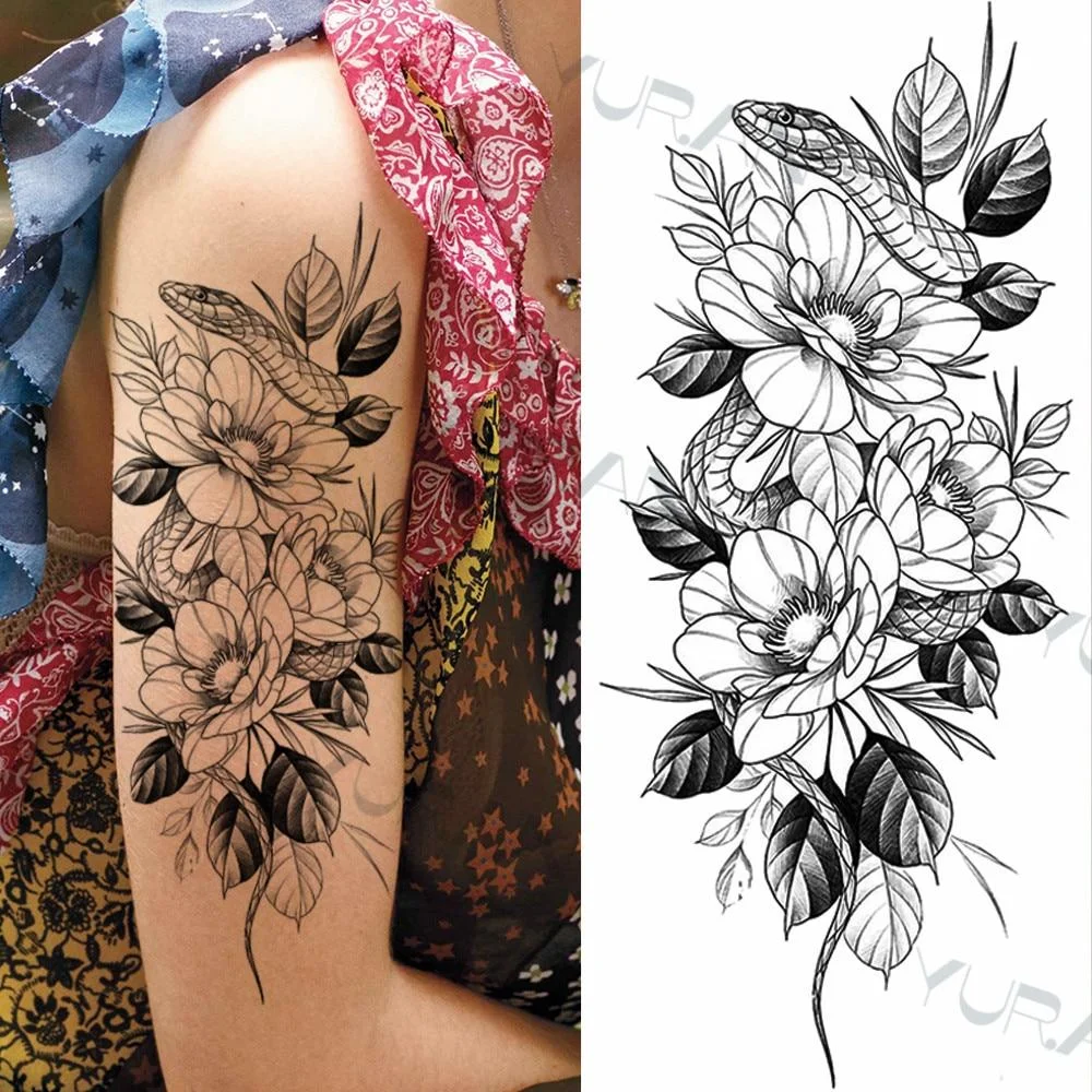 Black Large Snake Flower Fake Tattoo Sticker For Women Dot Rose Peony Temporary Tattoos DIY Water Transfer Tatoos Girls 1029