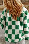 Women's Thick Green Contrasting Colors Snap Button Plaid Sherpa Jacket