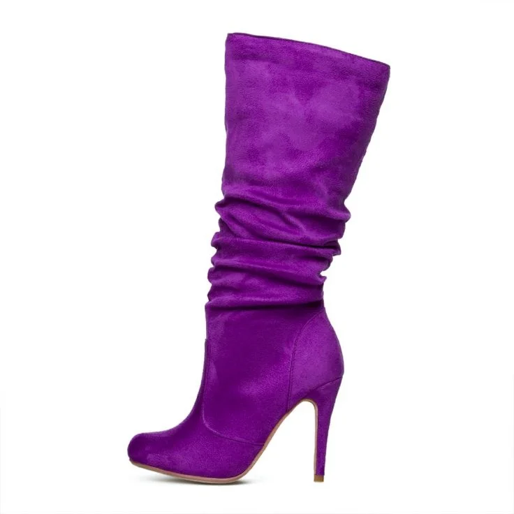 Women's Purple Stiletto Heels Round Toe Mid Calf Slouch Boots |FSJ Shoes