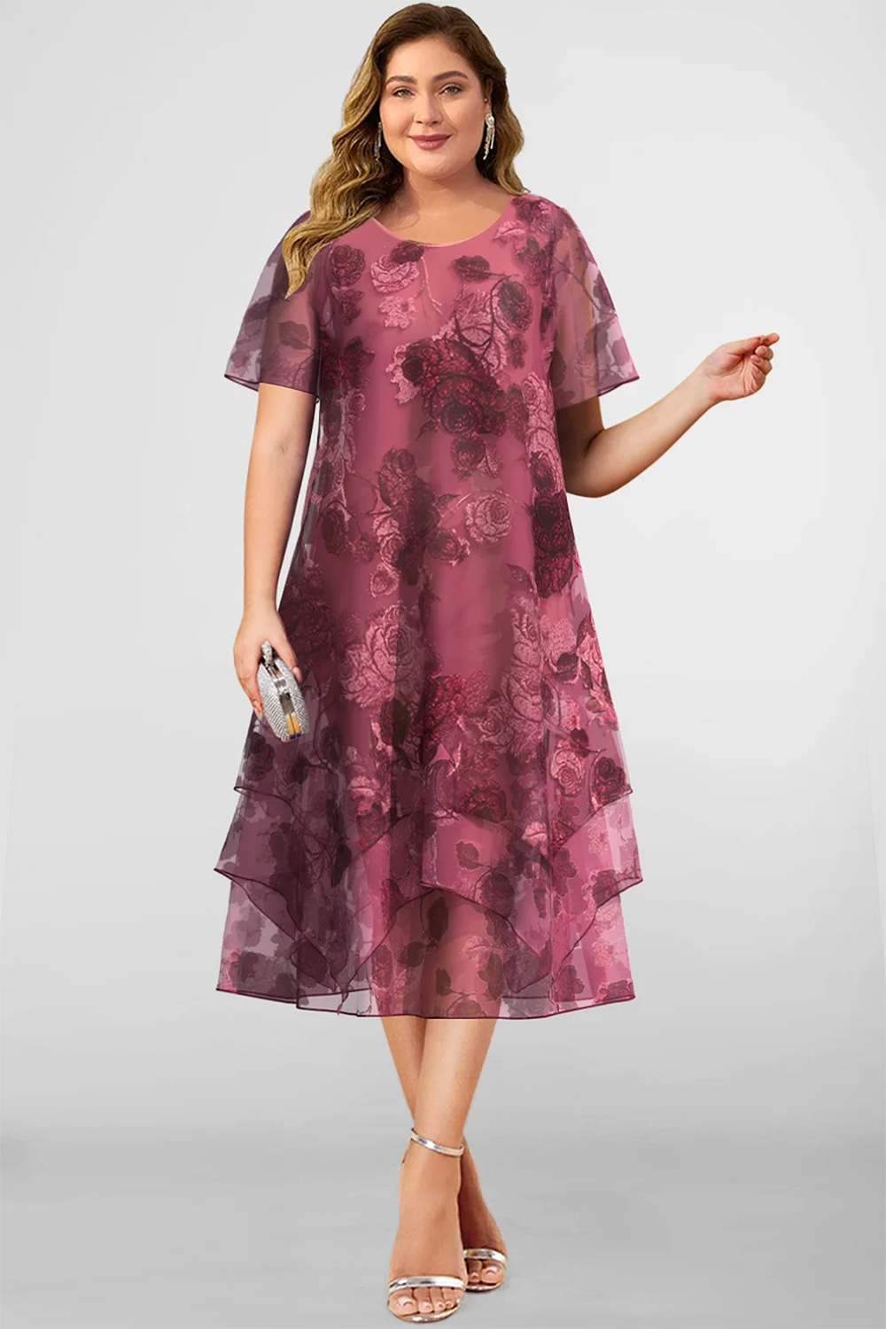 Plus Size Mother Of The Bride Mauve Chiffon Floral Print Asymmetrical Hem Midi Dress 2024 - Flycurvy 