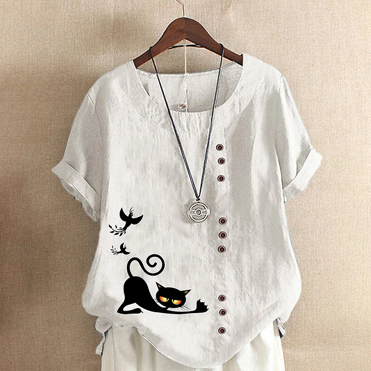 Casual Cat Print Cotton And Linen Blouse