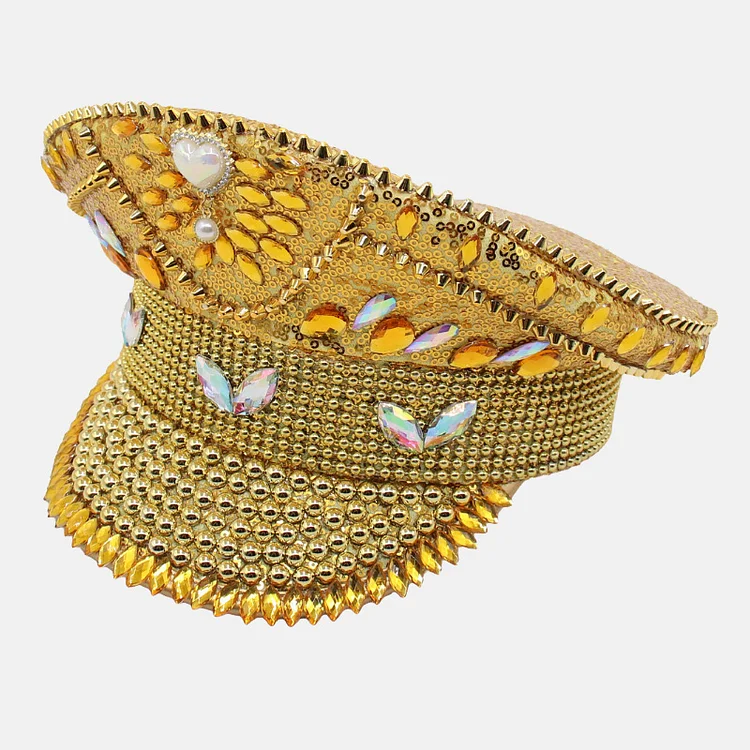 Party Flat Top Curved Eaves Rhinestone Naval Hat-Gold