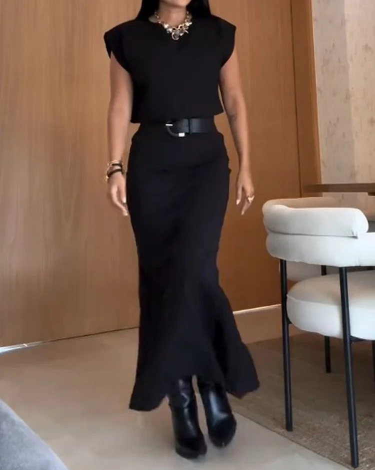 Round neck casual solid color two piece suit