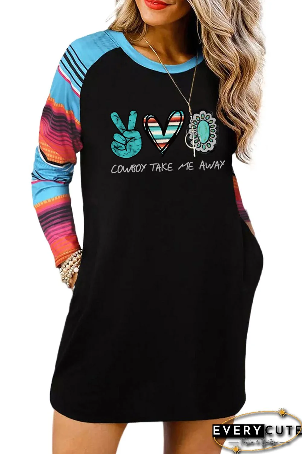 Black COWBOY TAKE ME AWAY Serape Sleeve Mini Dress with Pockets