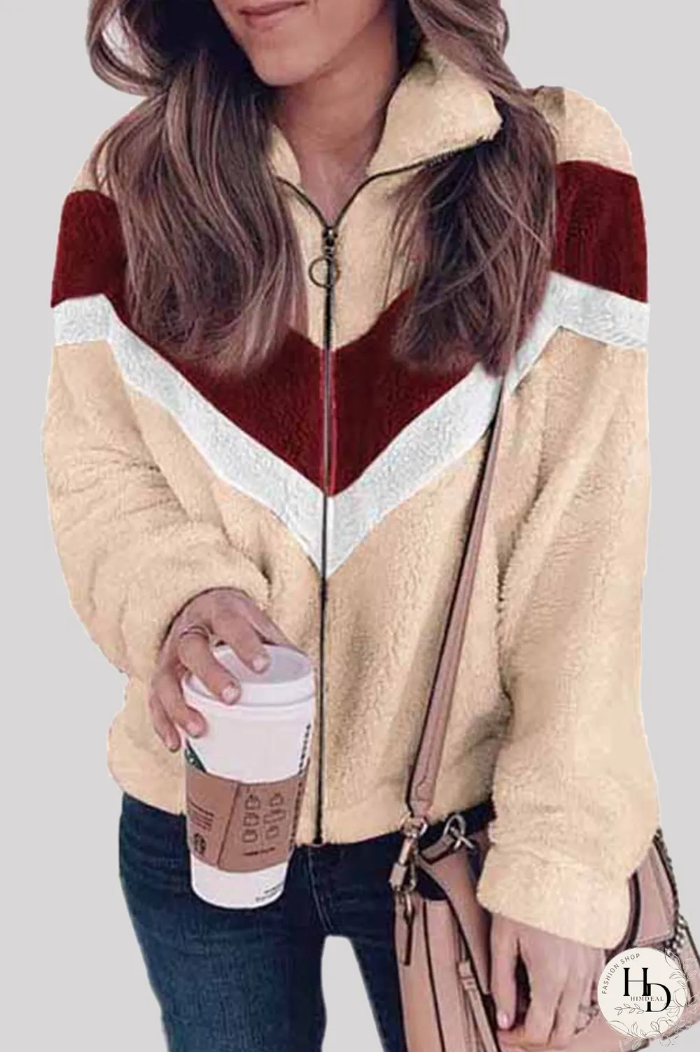 Casual Striped Split Joint  Contrast Zipper Collar Outerwear