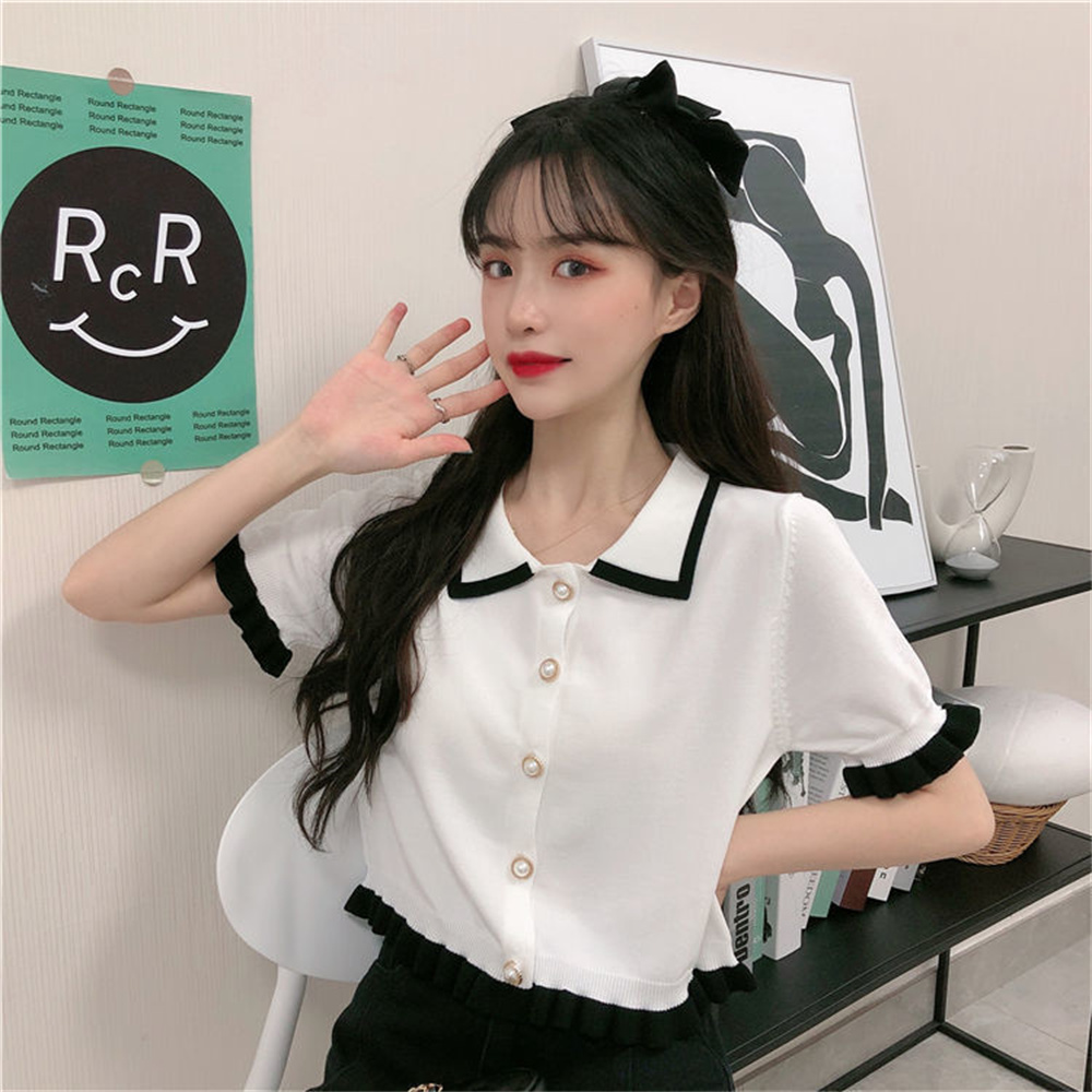 Standawon Blouses Women Design Button Ruffles Sweet All-match Korean Style Patchwork Tops Turn-down Collar Knitted Shirts Students Clothes