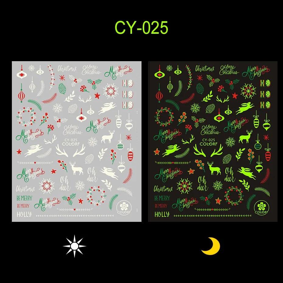 Merry Christmas Luminous SnowFlake Nail Stickers Fluorescent Xmas Winter Sliders for Nails Charms Glow in Dark Manicure Decals-Nail Inspo