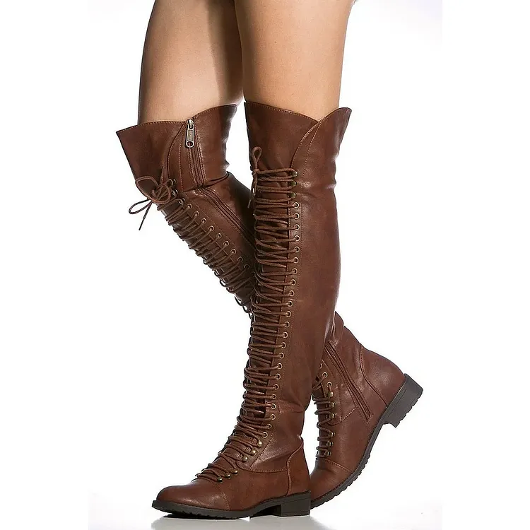 Brown Lace-up Knee High Boots Vdcoo