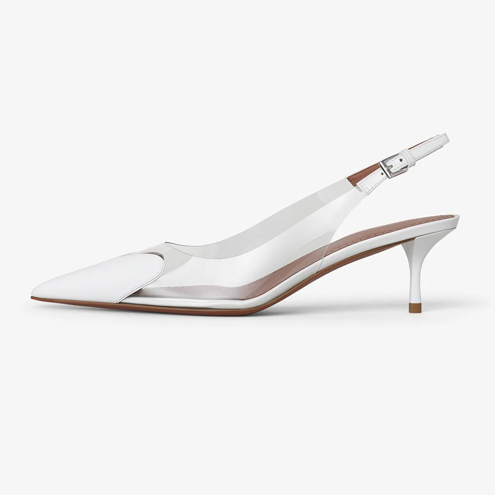 Women's White Closed Pointed Toe Buckle Clear Slingback Pumps