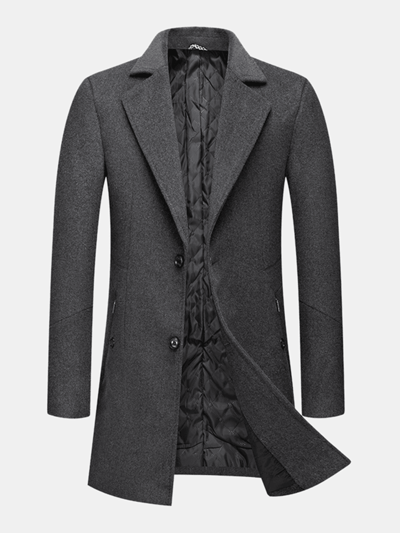 Mens Woolen Single-Breasted Lapel Pocket Mid-Length Warm Trench Coats